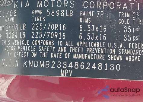 2008 Kia Sedona Lx из США, поврежденный, VIN KNDMB233486248130